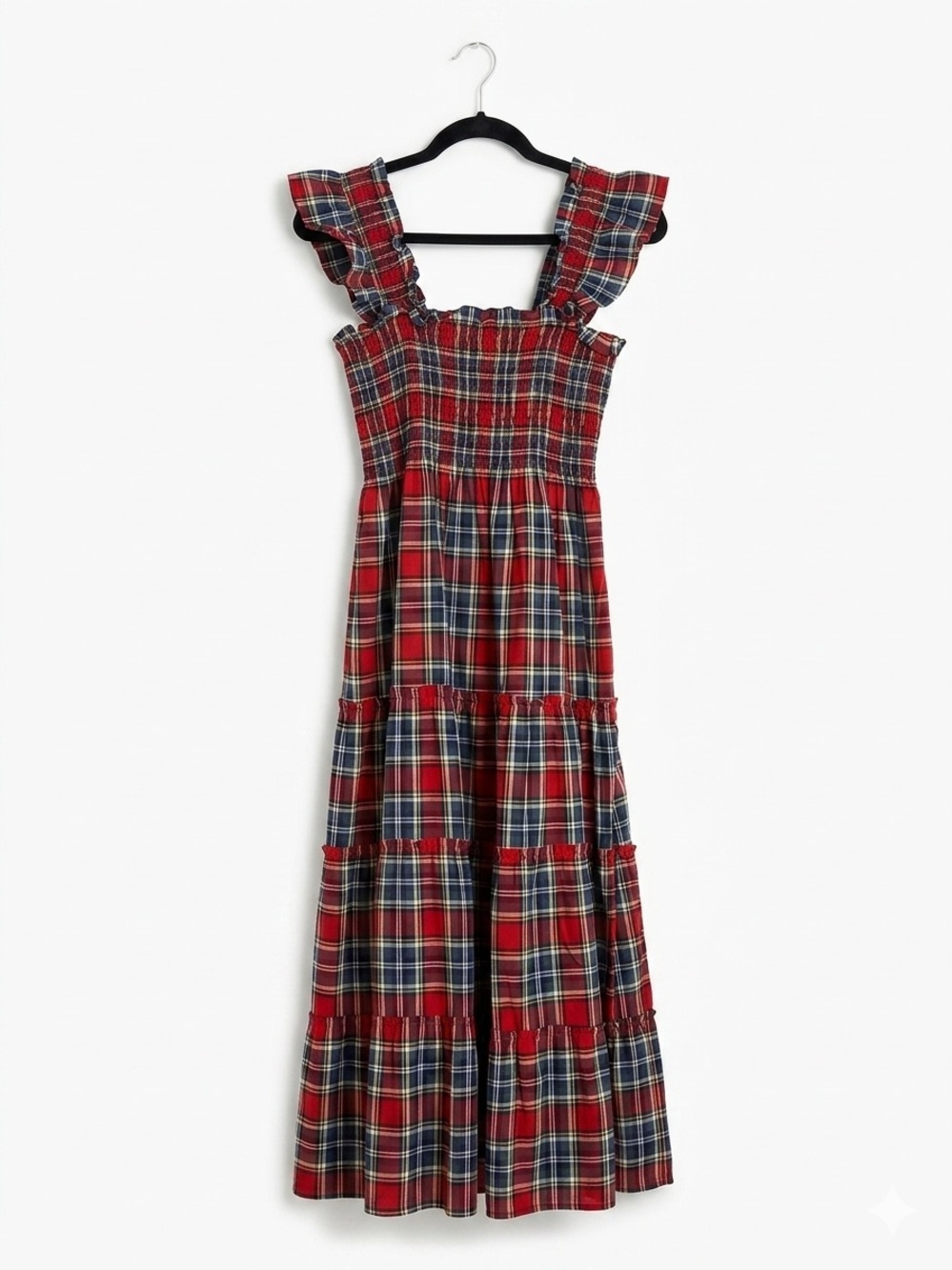 Hill House Nap Dress Red Plaid Tiered Maxi Dress with Ruffle Straps